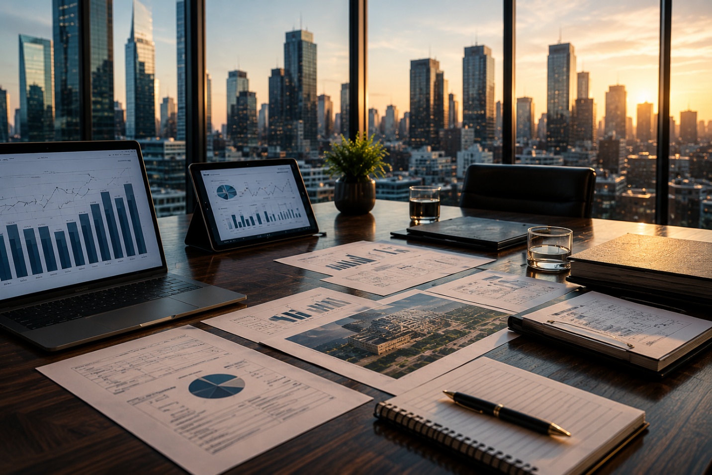 Modern business office overlooking a city