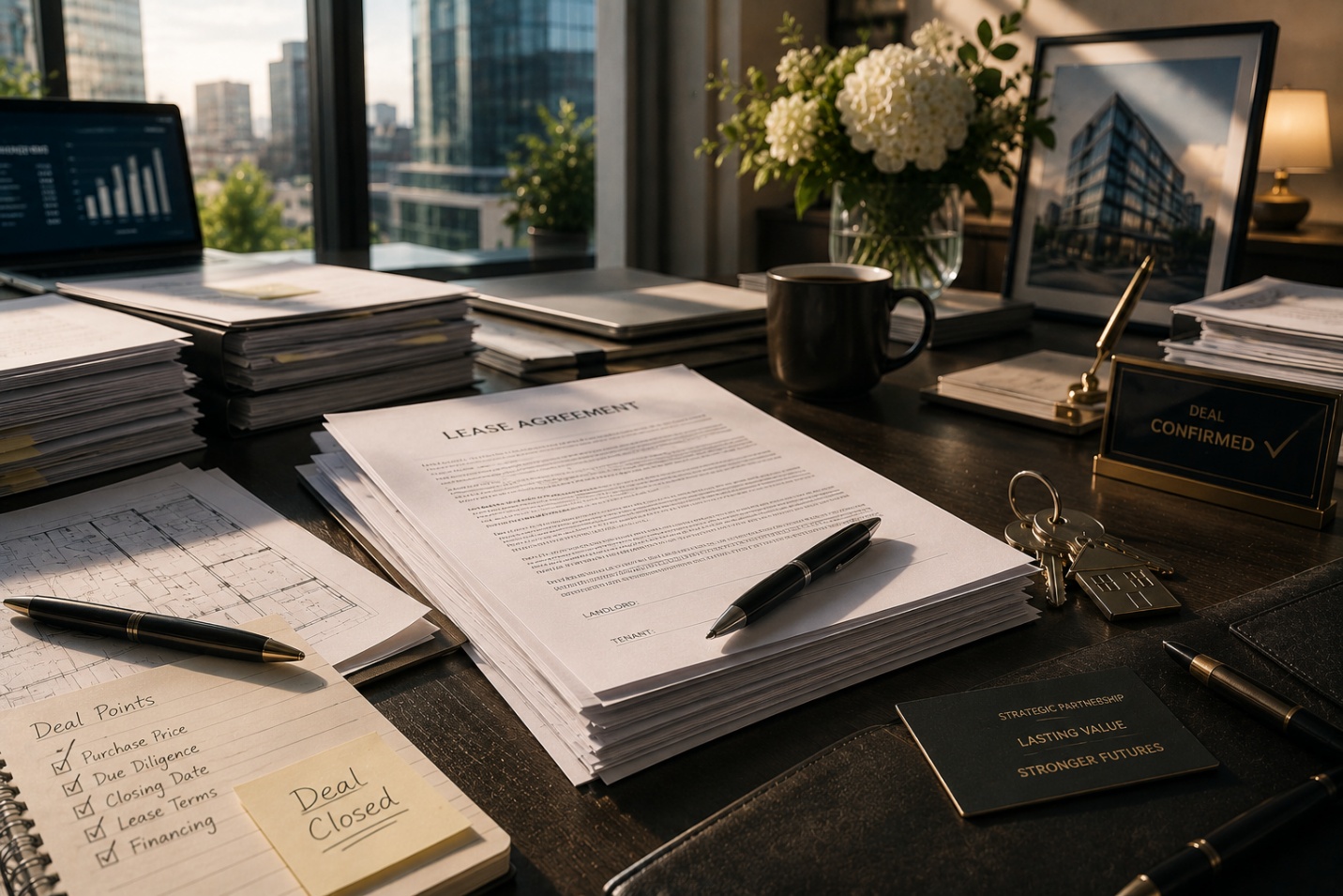 Commercial real estate documents and a lease agreement on a desk